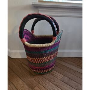 Large Woven African Bolga Ghana Market Basket with Leather Handles